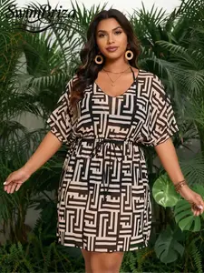Briza｜Plus Size V-Neck Drawstring Cover-Up Dress In Beige Black Geometric Print, Swimsuit Cover Up For Women And Bathing Suit Cover Ups, Cover Ups Swimsuits For Vacation Swimwear For Women, Plus Size Swimwear With Retro Swimwear Resort Vibe