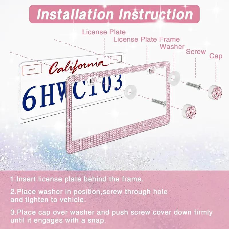 New Upgrade 2 Pack Bling License Plate Frames Premium Sparkly License Plate Frame for Women Durable Pink Bling Car Accessories