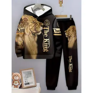 Boys' 3D Lion Print Hoodie & Joggers Set - Casual, Comfy Polyester Outfit for Spring/Fall, New Style, Sports, Perfect for Outdoor