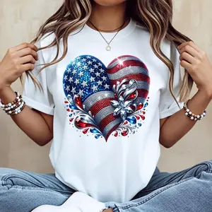 American Flag Heart Design Cotton Casual Crew Neck Short Sleeve Regular Sleeve Summer T-Shirt Machine Washable Not Dry Clean