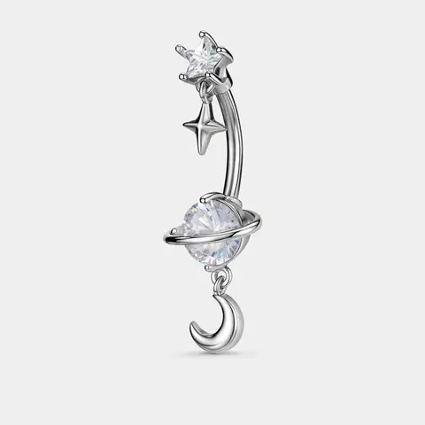 OUFER 14G 316L Stainless Steel Star & Moon Dangle CZ Female Belly Button Ring - Cubic Zirconia Body Jewelry with Dangle Elements for Belly Piercings, Cute Accessory for Everyday Wear & Night-Out Looks