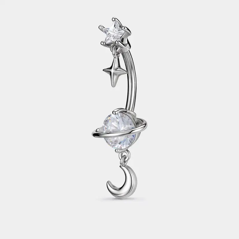 OUFER 14G 316L Stainless Steel Star & Moon Dangle CZ Female Belly Button Ring - Cubic Zirconia Body Jewelry with Dangle Elements for Belly Piercings, Cute Accessory for Everyday Wear & Night-Out Looks