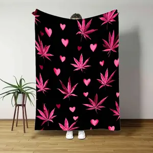 100% Polyester Flannel Blanket - Soft Comfortable Small Throw with Black Background, Pink Hemp Leaf and Heart-Shaped Prints