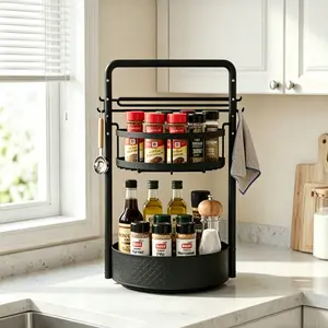 3-Layer Metal Lazy Susan Turntable - 360-Degree Rotatable Organizer with Paper Towel Holder, Spice Jars, Condiment & Dish Drying Storage Rack for Countertops, Cabinets, Home Space-Saving Solution