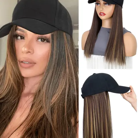 Women's European Style Baseball Cap Wig, Medium Long Straight Hair Bobo Head, Lockbone Length, Daily Wear, Fake Hair, Synthetic Material Wigs, Machine Made Wigs, Fashion Wig