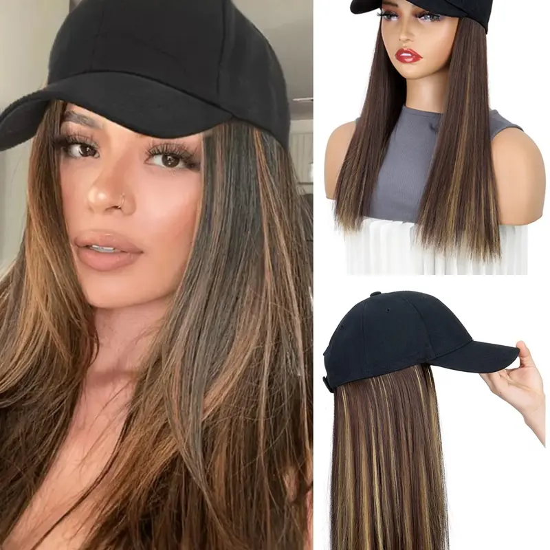 Women's European Style Baseball Cap Wig, Medium Long Straight Hair Bobo Head, Lockbone Length, Daily Wear, Fake Hair, Synthetic Material Wigs, Machine Made Wigs, Fashion Wig