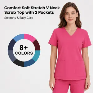 Yoga Scrub Top for Women V Neck Shirt with 2 Pockets, Comfort Soft Stretch, Easy Care Nurse Uniform Basic Workwear Minimalist
