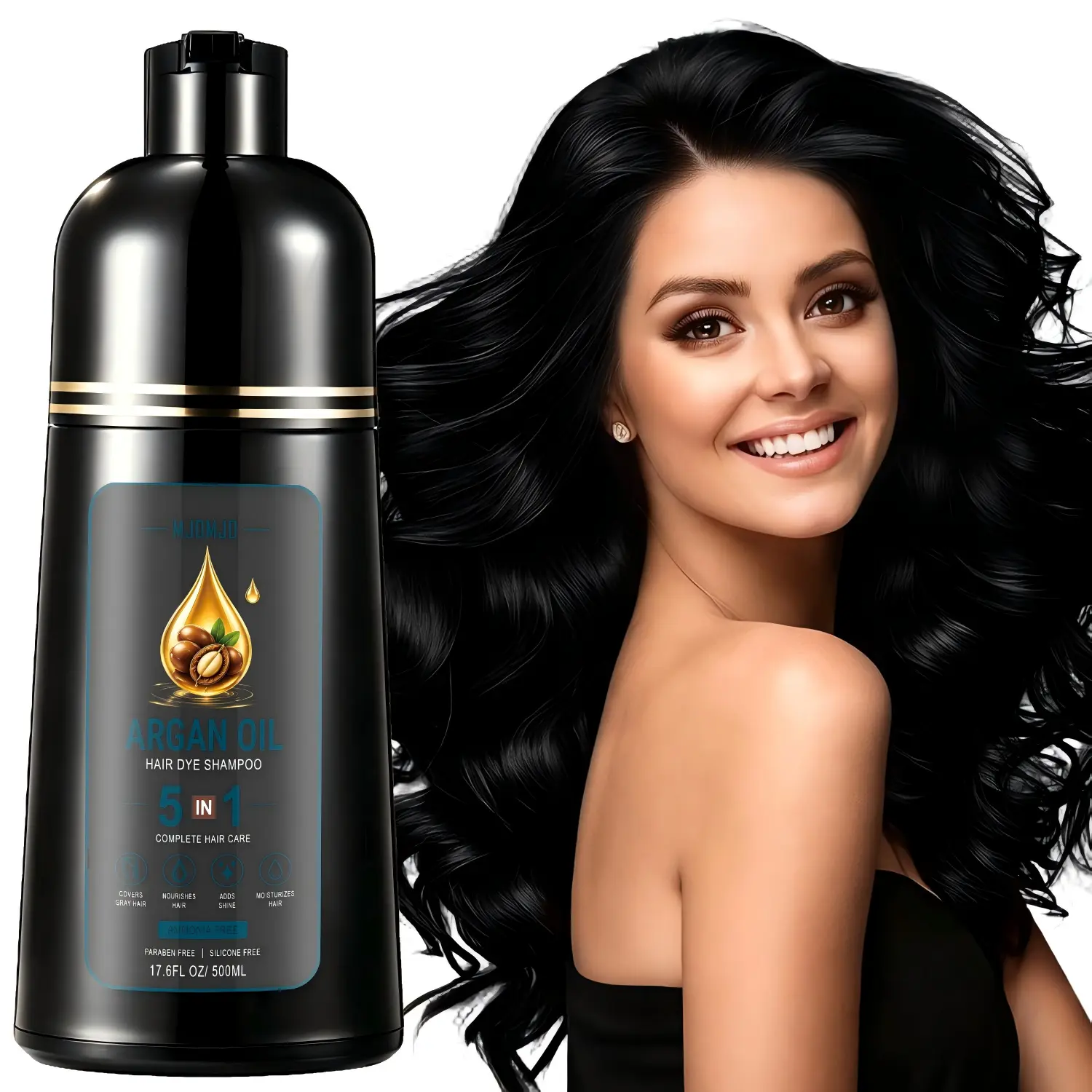 Black Hair Dye Shampoo 5 in 1 Semi Permanent Hair Color, 100% Gray Coverage, Natural Hair Dye for Women & Men, with Argan Oil , Ammonia & Paraben Free,500ml