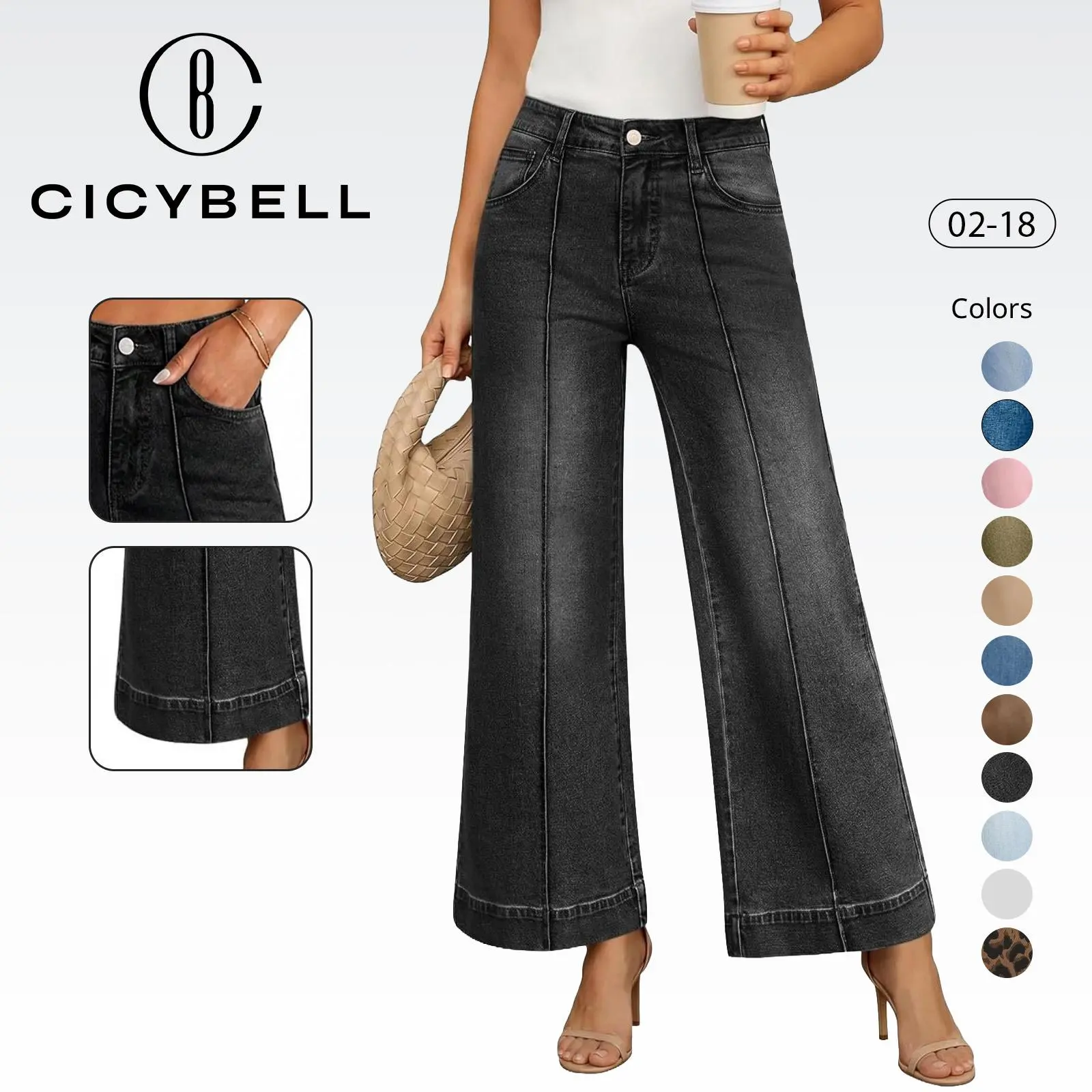 Cicy Bell Baggy Wide Leg Jeans for Women High Waisted Cropped Trendy Jeans Stretchy Front Seam Denim Pants with Pockets