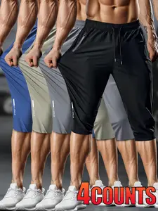 Men's Letter Print Drawstring Waist Sports Capri Pants, Casual Breathable High Stretch Pants for Gym Workout Running, Men's Bottoms for Summer, Athletic Running Pants