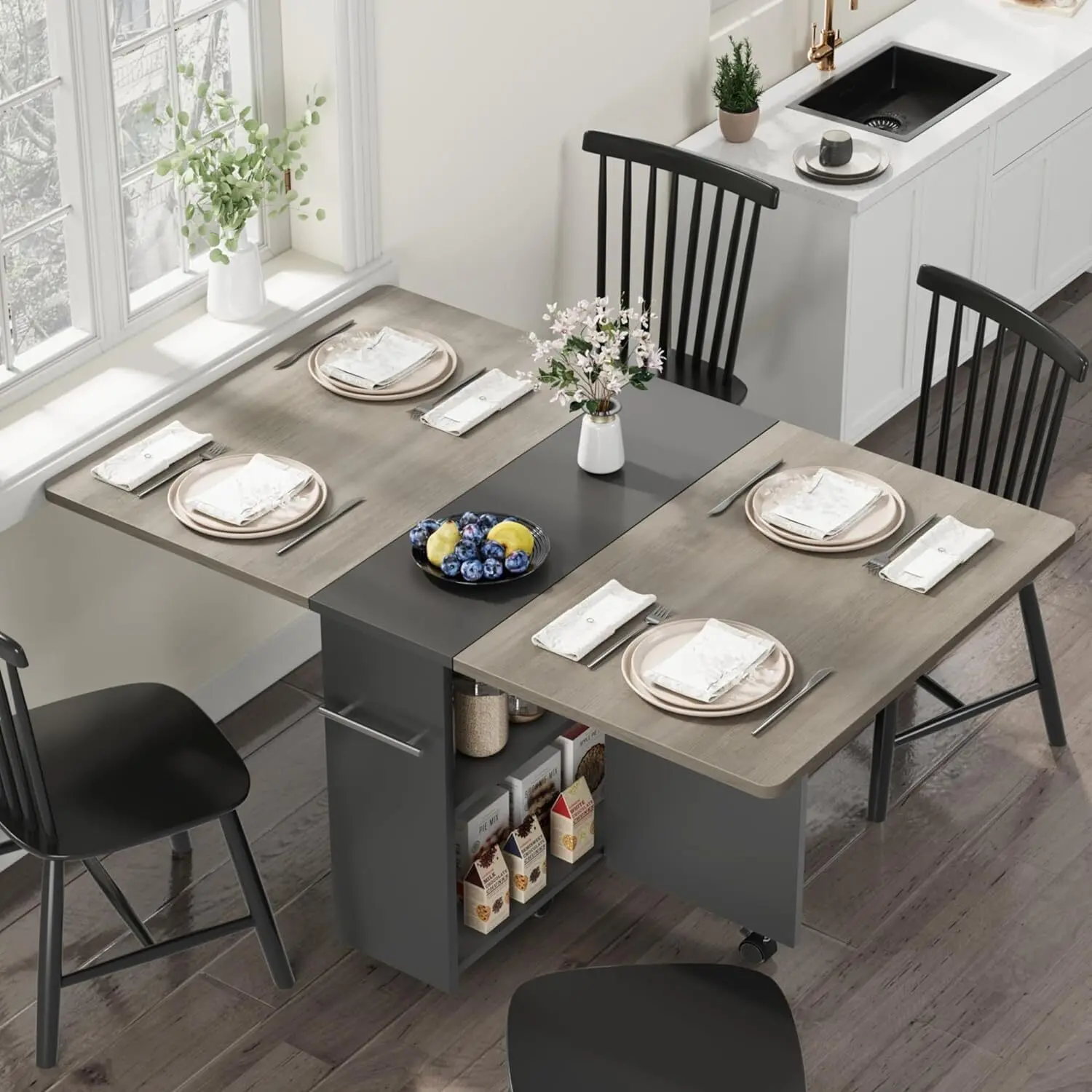 Space Saving Folding Dining Table with 2 Tier Storage-Extendable Drop Leaf Farmhouse Kitchen Dining Room Tables Set for 4