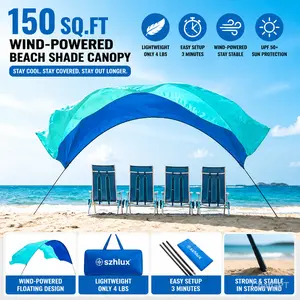 150 Sq.Ft Wind-Powered Beach Shade Canopy – Ultra-Light 4 lbs, Easy 3-Min Setup, Blue, Perfect for Family Beach Outings & Relaxation, 3-4 Person Sun Shelter