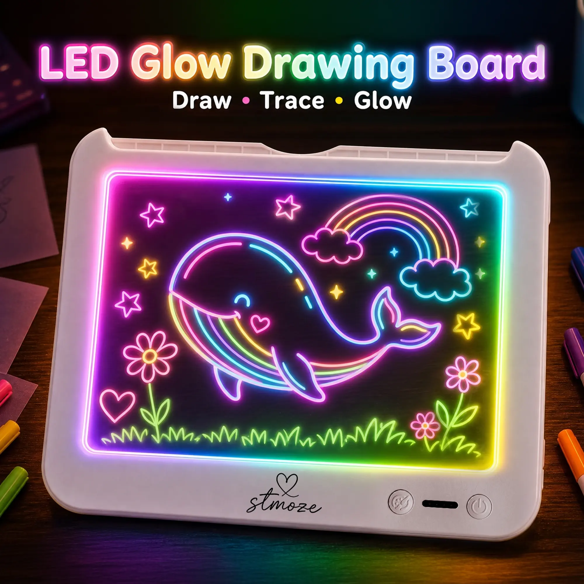 Stmoze LED Drawing Board for Kids - Rechargeable Light-Up Tracing Board with Markers, Tracing Sheets, Art Play, Bright RGB Glow Effect, Creative Fun Doodling Gift for Ages 6+
