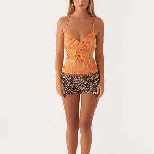 Womens Sequin Sparkle Halter Crop Tops Sexy Pearl Embellished Cami Tank Tops Y2k