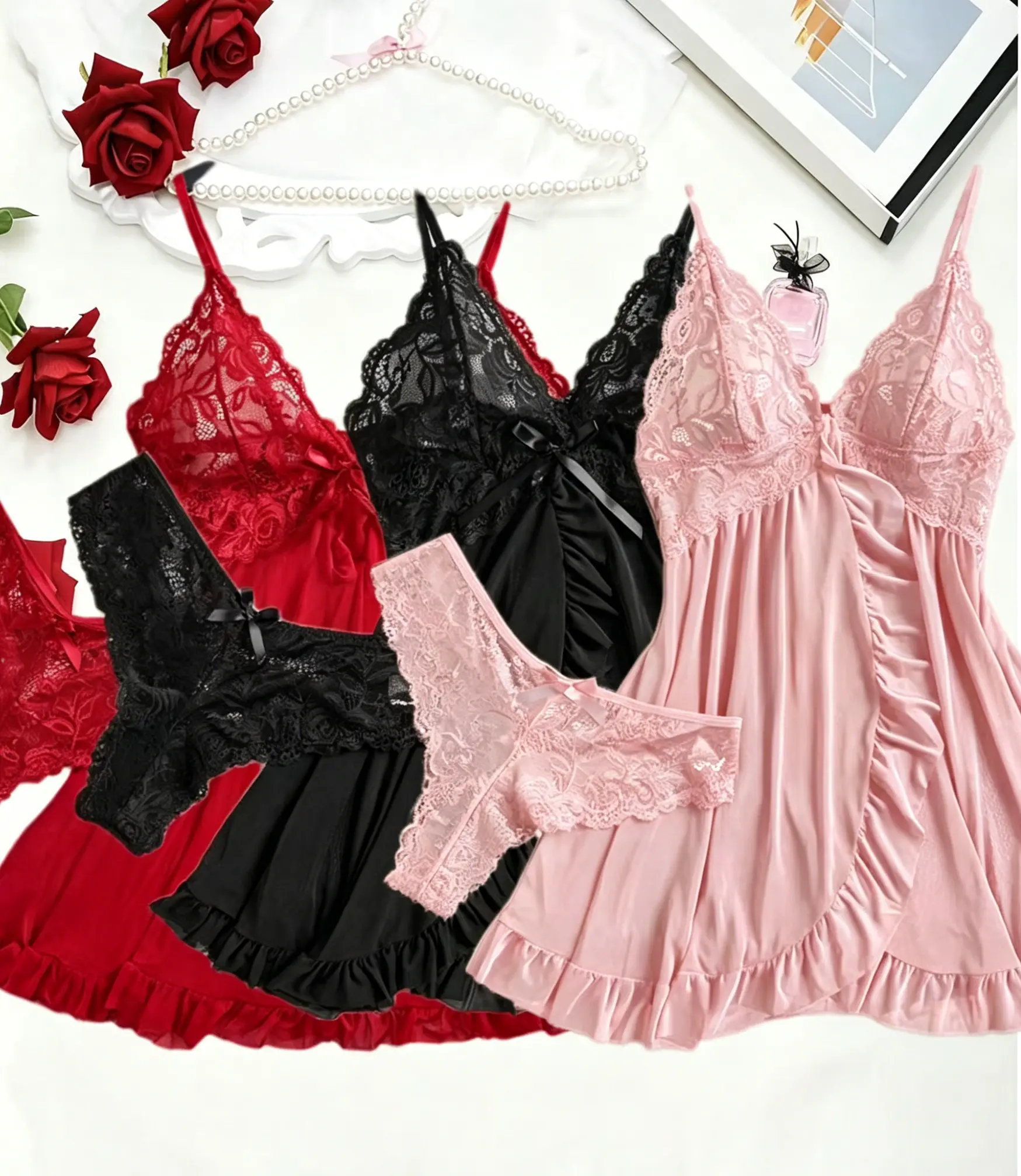 3PCS Transparent Lace See Through Nightdress Women's Soft Lingerie Underwear Sleepwear Panty Paamas Sets Nighty.For Sleeping Night Dress Women Lingеrie Sets Deep V Slip Nightgowns And Panties Lace Ruffle Trim Underwear Pajama