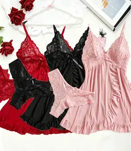 3PCS Transparent Lace See Through Nightdress Women's Soft Lingerie Underwear Sleepwear Panty Paamas Sets Nighty.For Sleeping Night Dress Women Lingеrie Sets Deep V Slip Nightgowns And Panties Lace Ruffle Trim Underwear Pajama