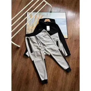 Men's 2-Piece Spliced Hooded Long Sleeve Jacket & Sweatpants Set, Soft Breathable Menswear for Layering