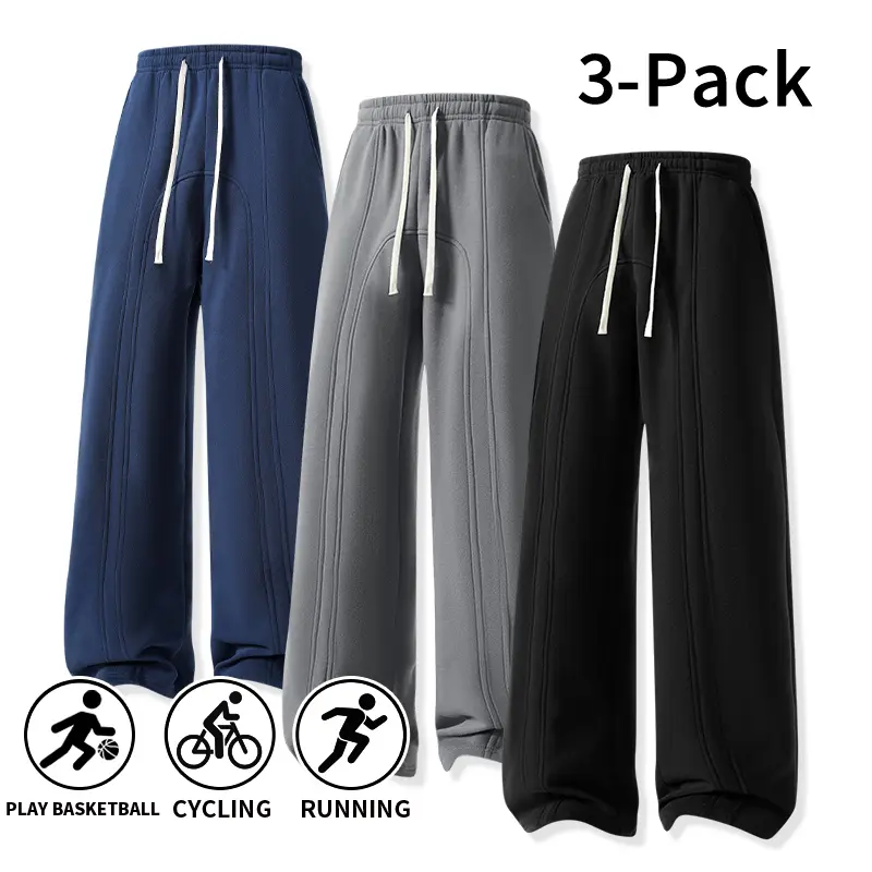 Men's 3-Pack Vertical Seam Wide-Leg Sweatpants, Oversized Drawstring Baggy Pants, Vintage Streetwear Joggers, Machine Washable Fall Daily Outfit Bottoms, Men's Baggy Sweatpants, Sporty Chic, Wide-Leg Sweatpants Men's Pants
