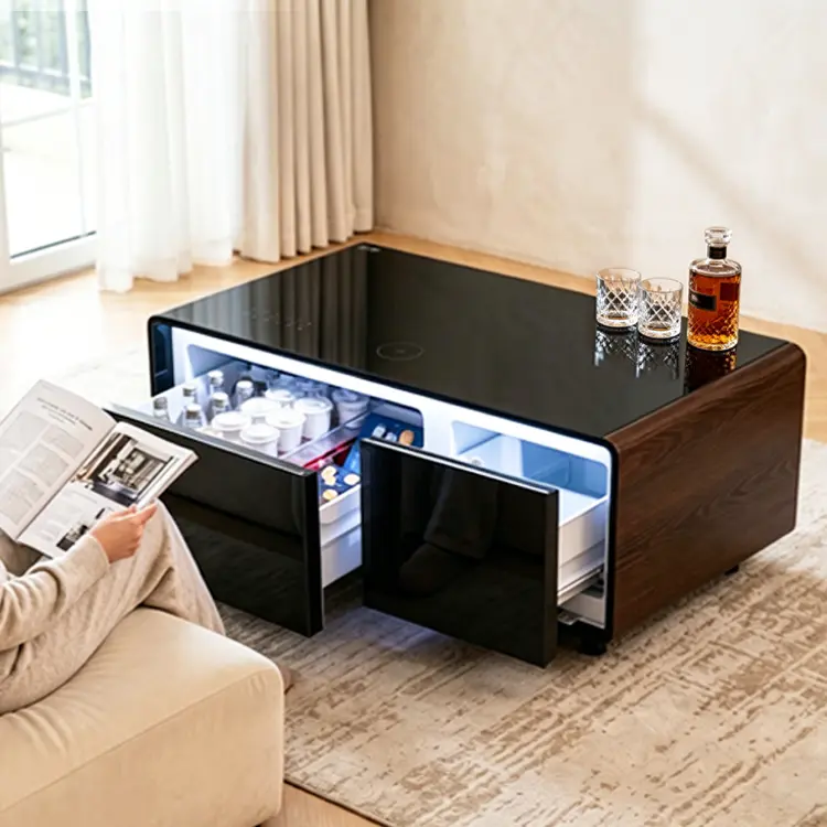Coffee Table with Fridge and Freezer Drawer, Smart Center Table with USB Charging Ports, Bluetooth Speaker for Living Room, Modern Home Furniture