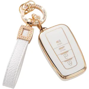 car stufffor Toyota Key Fob Cover with Leather Lanyard, Car Key Fob Case Compatible with 2018-2022 Camry RAV4 Highlander Avalon C-HR Prius Corolla GT86 Sma