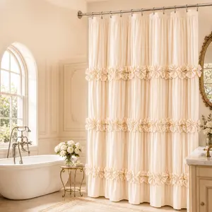 YRZTRK French Cream Ruffle Shower Curtain, Vintage Handcrafted Bow Tie Design for Master Bathroom, Waterproof Quick-Drying Machine-Washable Home Decor with 12 Hooks
