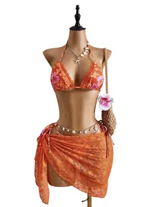 Orange Floral 3PCS Bikini Set for Women | Beach Vacation Outfit
