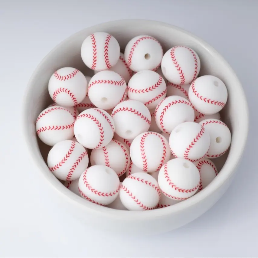 White Baseball Silicone Beads Printed Round Silicone Beads White Baseball Silicone Beads Printed Round Silicone Beads