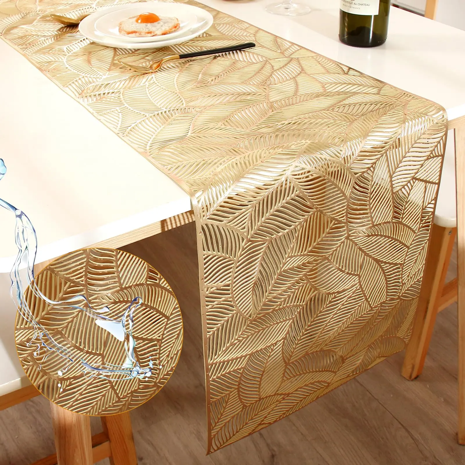 Gold Table Runner 72 inches Long Heat Resistant Hallowed-Out Creative Design Vinyl Waterproof Reusable Washable Dining Runner Elegant Table Decor for Wedding, Banquet, Birthday, Party, Restaurant(Gold Rectangle)