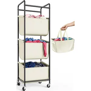 3 Section 120L Rolling Vertical Laundry Sorter with Removable Bags, Stackable Laundry Hamper Basket Organizer with Wheels for Bathroom, Apartment, Dorm, Beige
