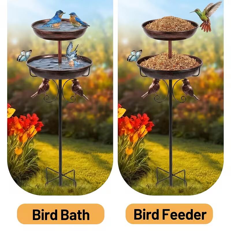 [Summervibes][petlovers] WIldpark 45 Inch Heavy-Duty Metal Double-Layer Bird Bath Tub, Large Capacity Water Feeding Basin, 9.8 Feet + 12 Inches, Stable 5-Claw Base, Durable Courtyard Decoration, Easy to Install and Clean, Multifunctional Bird Feeder. outd