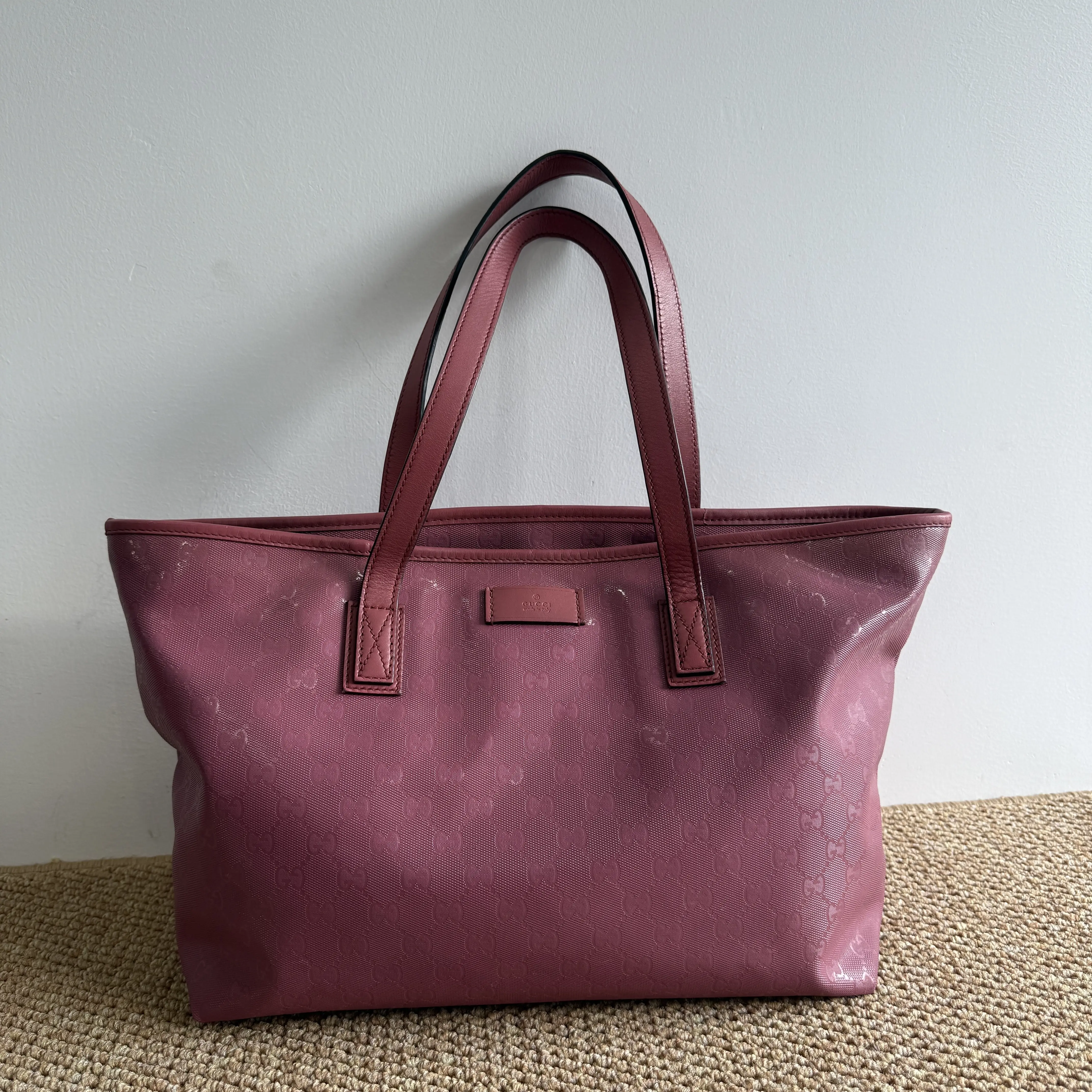 Pre-owned GUCCI GG Print Leather Tote Bag Pink Vintage Shopper Shoulder Handbag
