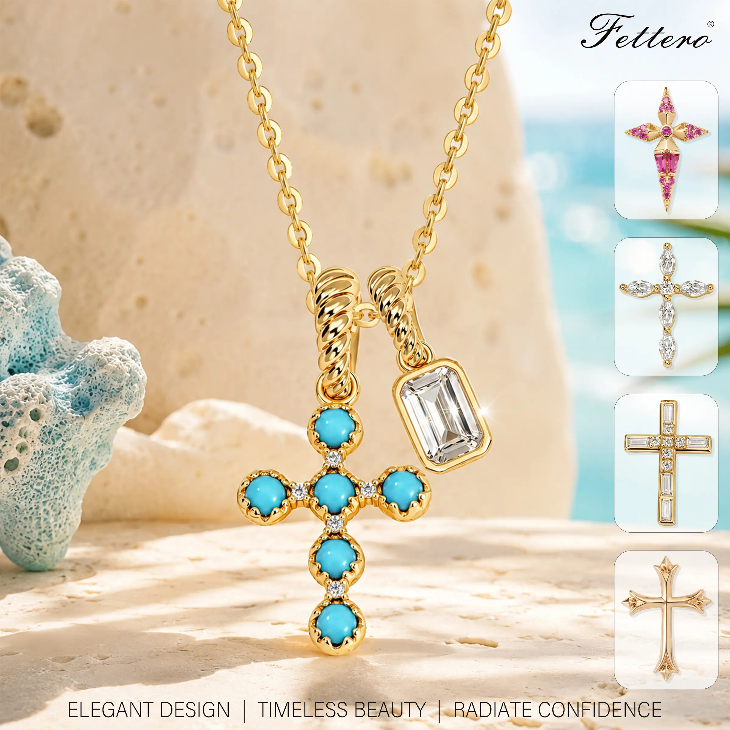 Fettero Women's Elegant Gold-Plated Cross Necklace, Dainty Faith Pendant with Turquoise or Crystal Marquise, Casual Statement Jewelry for Layering, Christmas