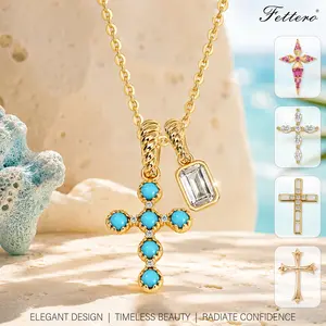 FETTERO Women's Gold-Plated Cross Charm Necklace, Turquoise Crystal CZ Marquise Pendant on Golden Tone Chain, Faith Necklace, Minimalist Layering Everyday Jewelry Gift, Women's Accessories DealsForYouDays WeeklyDeals summerwins