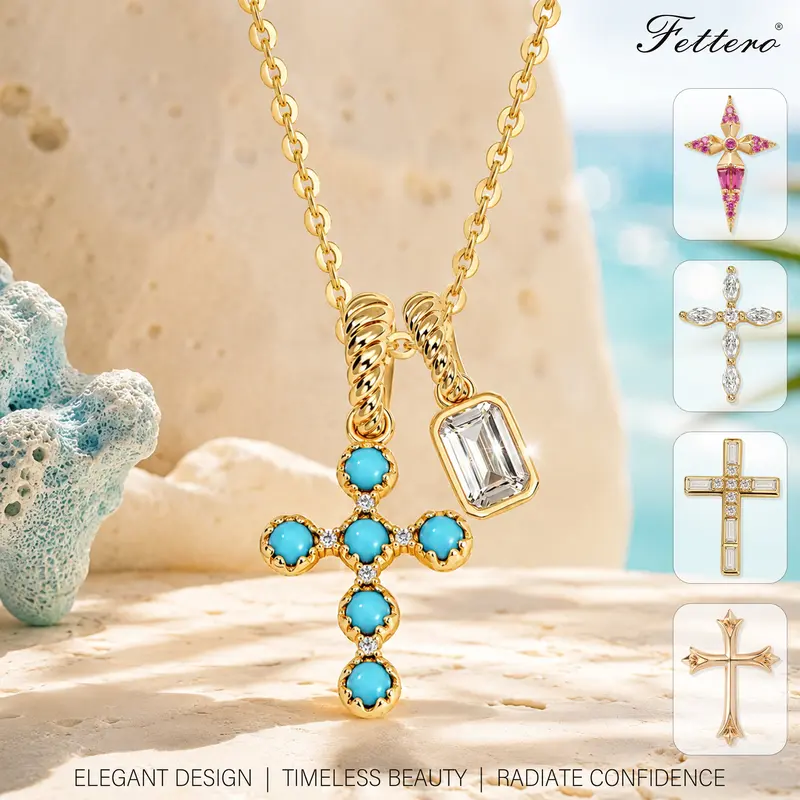 Women's Elegant Gold-Plated Cross Necklace - Dainty Faith Symbol Pendant with Turquoise or Crystal Marquise Cut, Female Daily Statement Jewelry for Layering, Christmas, Multiple Styles Artificial Gemstone Accessory