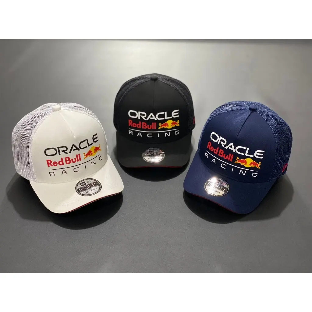 New Era 9FORTY Oracle Red Bull Racing Adjustable Mesh Trucker Cap Curved Brim Baseball Hat Black White Navy
