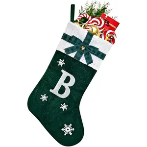 Letter Christmas Stockings 15.6 Inches Monogram Red Velvet with Bell Xmas Stockings Classic Personalized Stocking Decorations for Family Holiday Season Decor