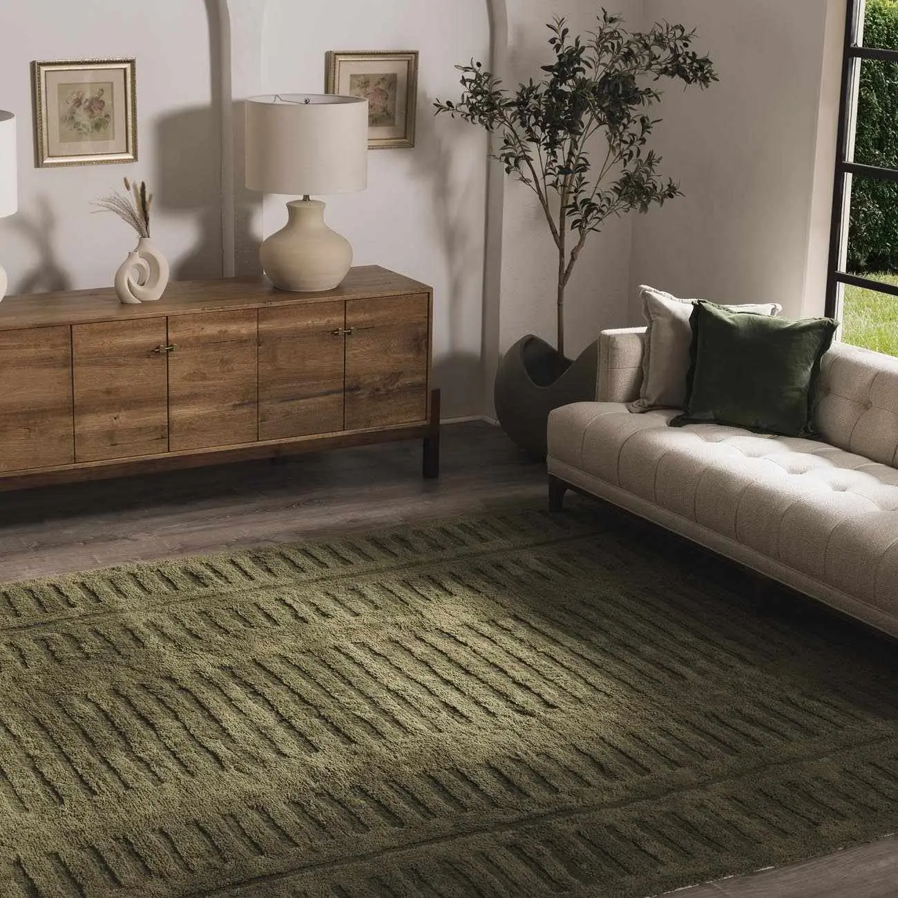 Washable Green Wool Rug - Contemporary Revival Household Textile Carpet for Home Decor, Indoor Area Rugs, Room Decor, Home Decor Rugs, One-Piece