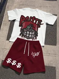 Men's Summer 2-Piece Set, Smile Teeth Boy Graphic Print Round Neck T-Shirt + Casual Drawstring Shorts, Outdoor Sports Suit