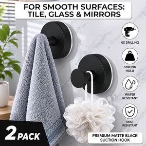 Suction cup hooks for shower, black wreath hangers for front door glass window bathroom kitchen wall, removable towel holder, bathrobe, loofah, coat hooks—no damage hanging