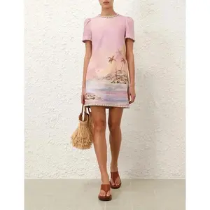 Zimm 100% Linen Vintage Bohemian Runway Designer Women Short Puff Sleeve Sea Shell Collar Printing Mini Dress Elegant Luxury Casual Womenswear