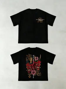 Viral Trendy Oni Mask Japanese Graphic V-Neck T-Shirt - Oversized Fit With Front & Back Prints, Featuring "Unstoppable Soul Limitless Goals" Slogan, Floral Accents And Japanese Kanji, Ideal For Daily Wear, Street Style Outings, Anime Events & Trendy Socia