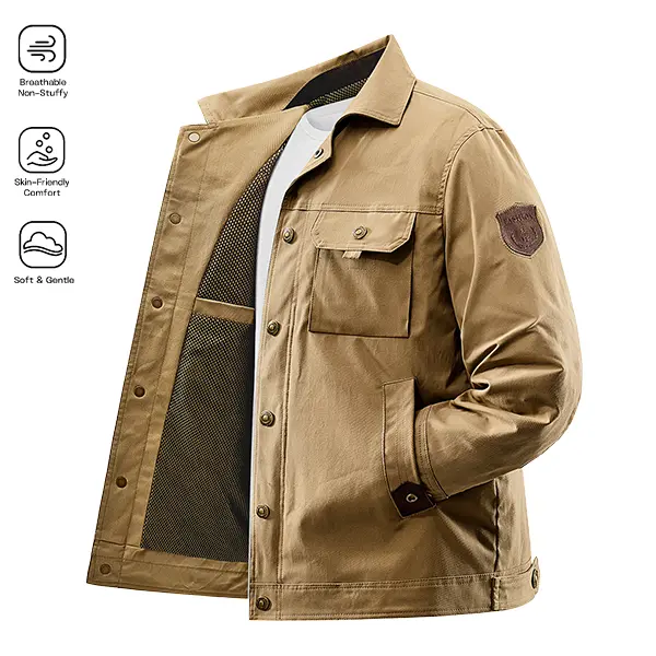 Men’s breathable utility cargo jacket, button-up casual tactical coat, streetwear style for autumn and winter
