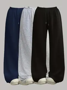 Women's Casual Loose-Fit Drawstring Pants, 3-Pack Plain Long Trousers, Comfortable Wide Leg Home Wear, Suitable for Spring Summer Fall, Womenswear