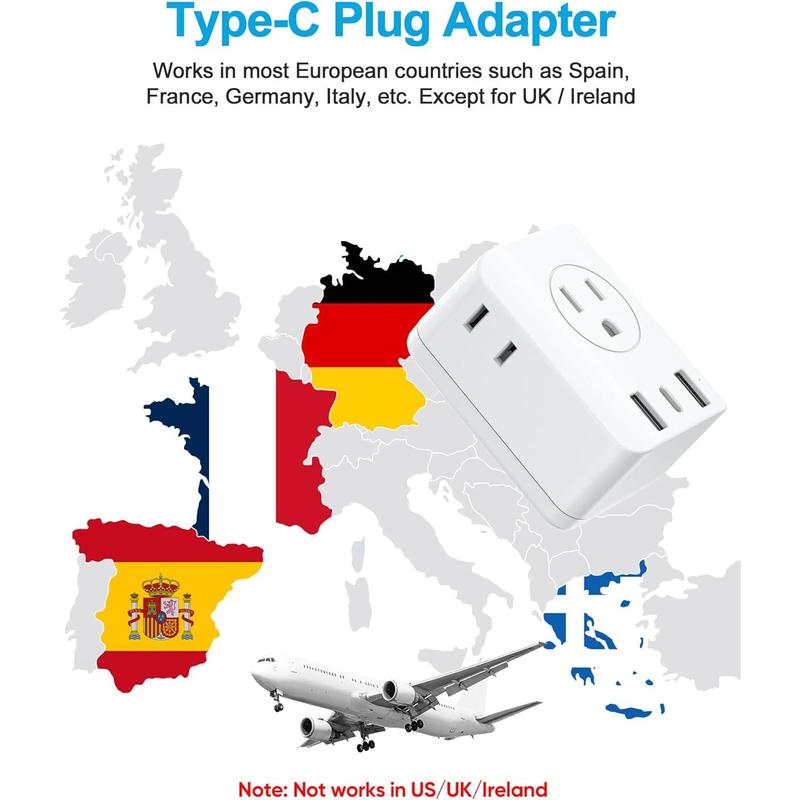 SQ-APT016 European Travel Plug Adapter,  Foldable International Power Adapter with 4 Outlets 3 USB Ports, Type C Plug Adapter for US to Europe, Italy Spain Iceland France Germany