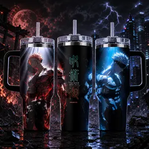STORMMECH 40oz Handle Tumbler - Sukuna vs Gojo Washable Insulated Stainless Steel Water Bottle, Vacuum Insulation Kitchenware Drinkware with Black Cap & Handle, Large Iced Coffee Flask, Gift For Anime Fans