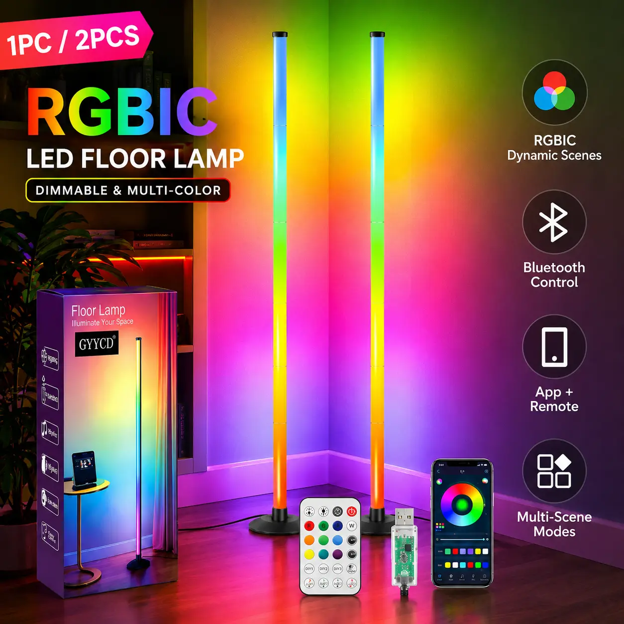 RGBIC LED Corner Floor Lamp, 48-Inch Color Changing Ambient Light with Bluetooth App & Remote, for Living Room, Gaming Room (1 Pack/2 Pack)