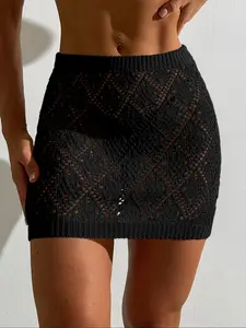 Women's Solid Color Hollow Out Crochet Knit Cover Up Skirt, Casual Fashionable Knitwear for Beach Holiday Vacation, Ladies Clothes for All Seasons