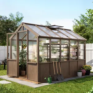Garvee 6x10 FT Greenhouse - Large Wooden Greenhouses for Outdoors, Heavy Duty Spruce Frame Greenhouse with PC Panels, Adjustable Roof Vents & Lockable Door, Walk-in Green Houses for Garden, Backyard, Patio