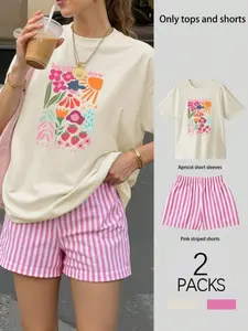 Women's Floral Print Round Neck T-Shirt Set with Striped Shorts, Casual Loose-Fitting, Daily Wear & Outdoor Activities, Womenswear