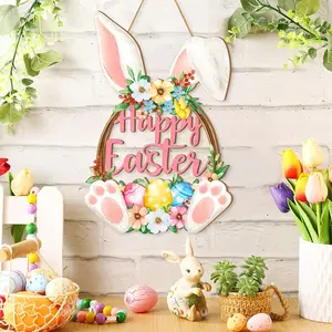 Rustic Style Easter Bunny Welcome Sign - Wooden Rabbit and Colorful Egg Hanging Decor Ornaments, Suitable for Home Outdoor Garden, Spring Egg Hunt Party Decor, Easter Decorations